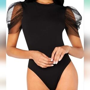 Floerns Women's Contrast Mesh Puff Short Sleeve Skinny Bodysuit NWOT Size M